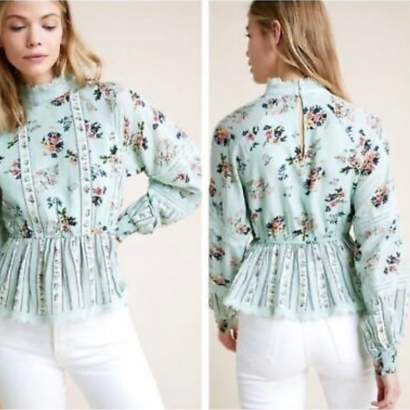 Hemant & Nandita Mint Green Floral Peplum Lace Accent Blouse - Picture 2 of 11